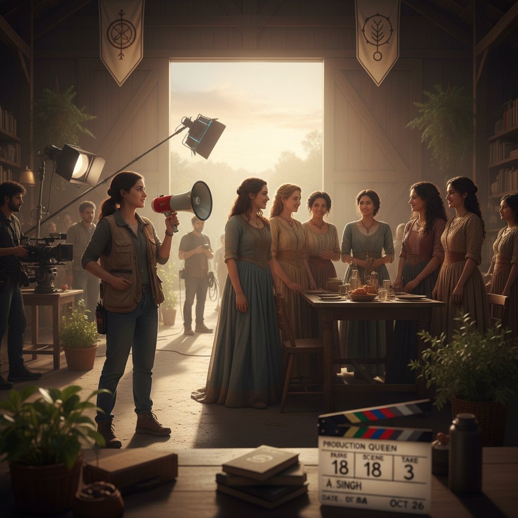 Young filmmaker directing diverse female cast for a new sisterhood movie