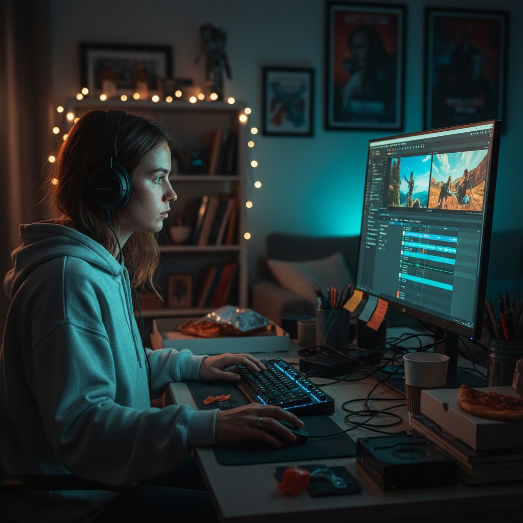 Young filmmaker editing video at home, glowing screen represents the shift to online film education