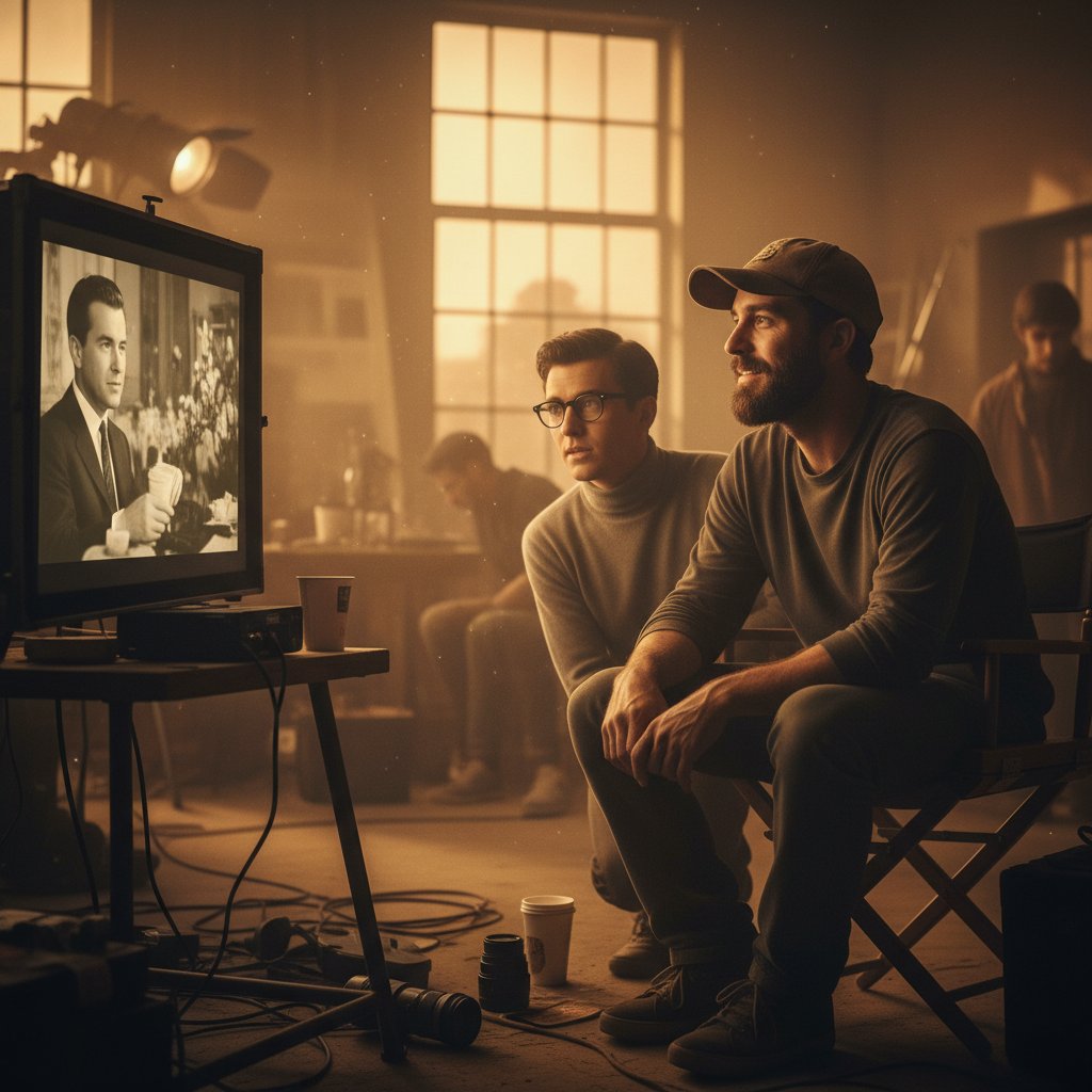 Young filmmaker inspired by Ron Howard watching a classic film on an indie set, hopeful and aspirational atmosphere