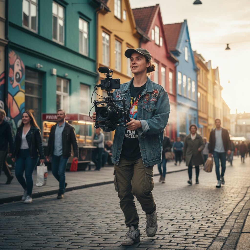 Young filmmaker with smartphone filming in urban Oslo, energetic Scandinavian cinema