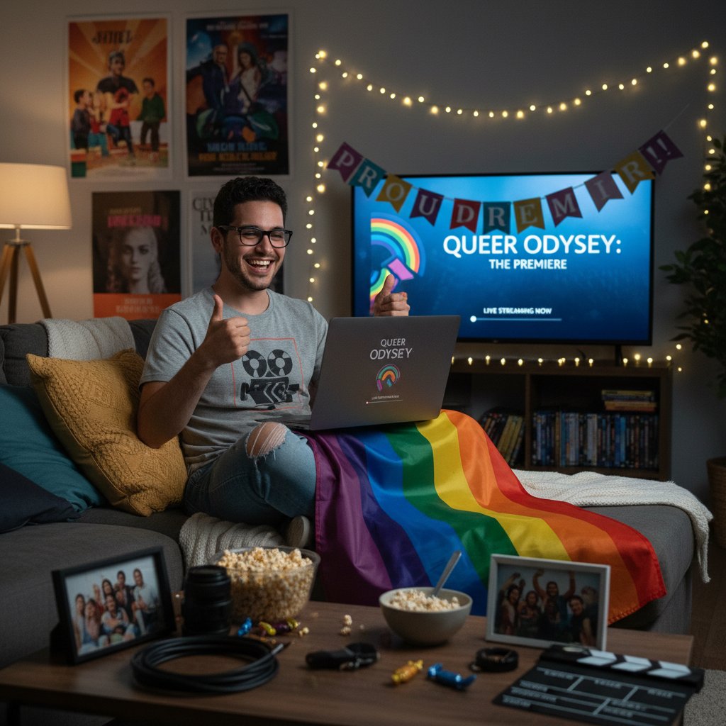 Photo: Young filmmaker watching their movie premiere on a streaming service, laptop, pride flag in background