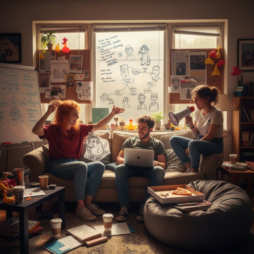 Young filmmakers brainstorming ideas for an unconventional comedy script