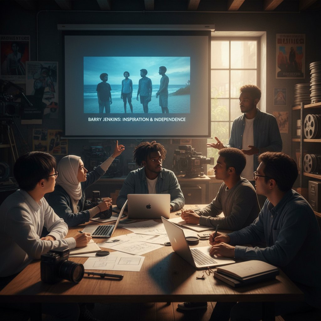 Diverse group of young filmmakers, inspired by Jenkins, gathered on a film set, radiating energy and ambition