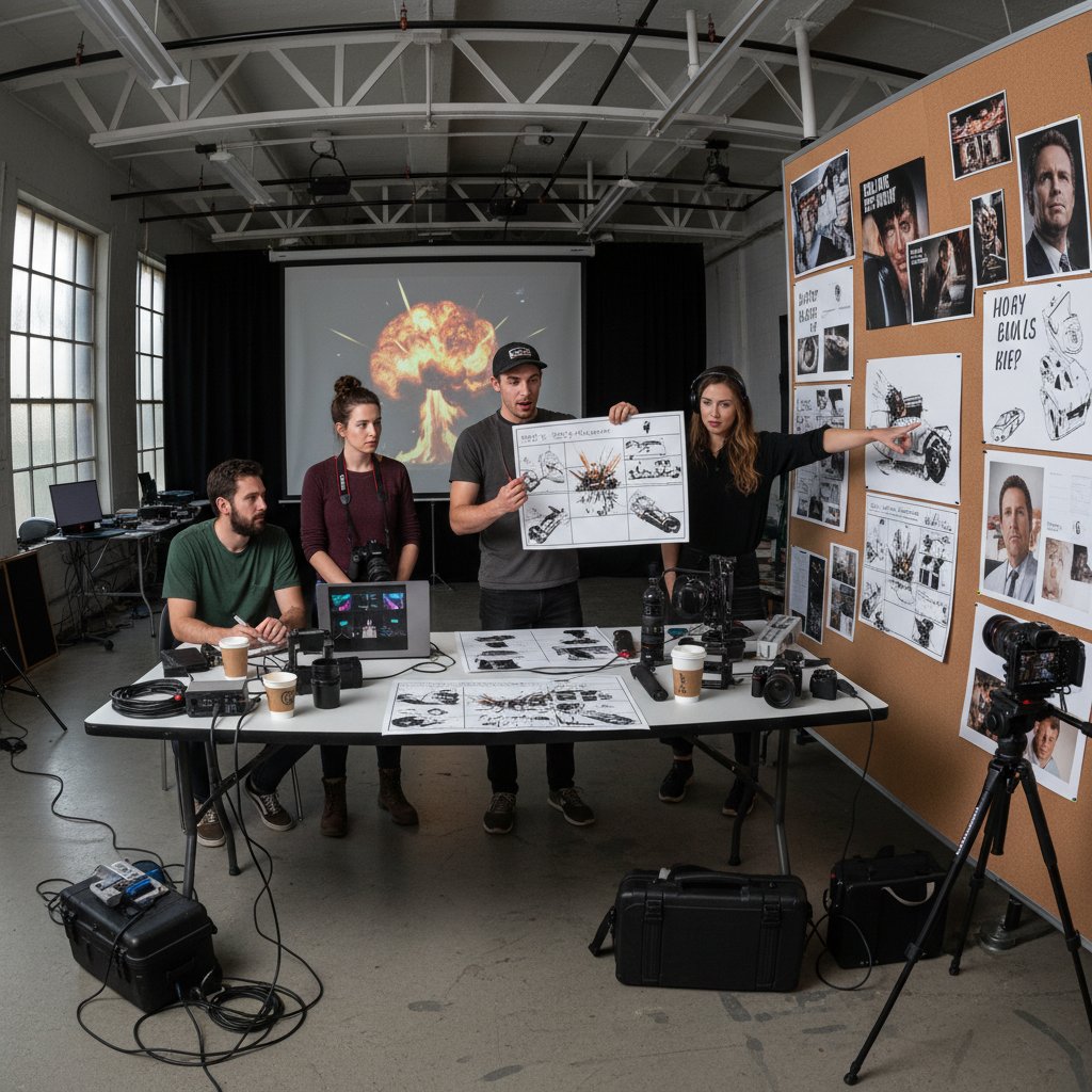 Young filmmakers watching a michael bay movie for inspiration, storyboards, diverse team, film school environment