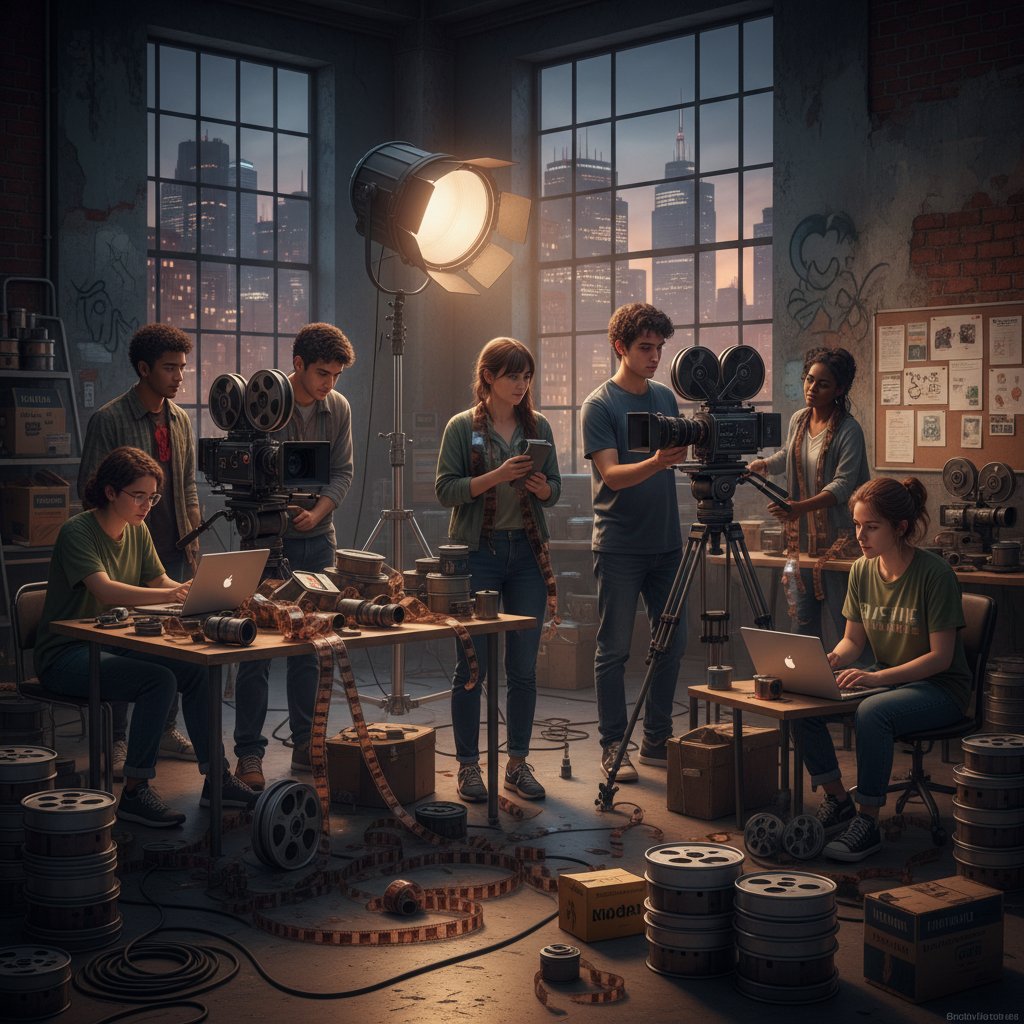 Young filmmakers and cinematographers selecting movie film stocks in a gritty urban studio