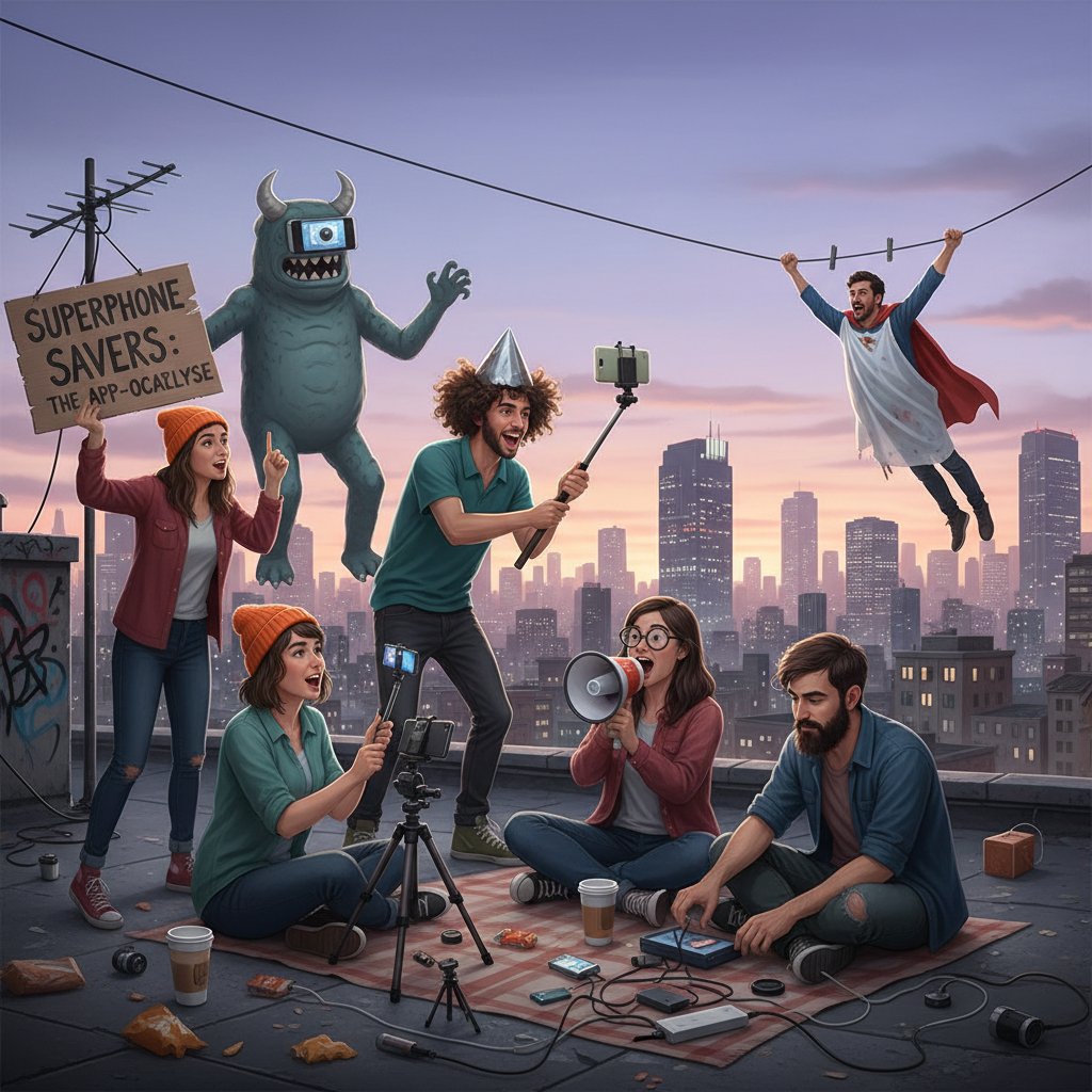 Young filmmakers shooting a parody scene with smartphones, urban candid style