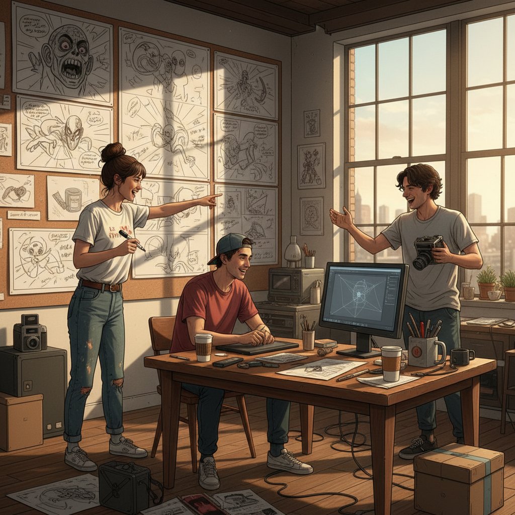 Young filmmakers on set, referencing storyboards inspired by Sam Raimi movies, creative teamwork