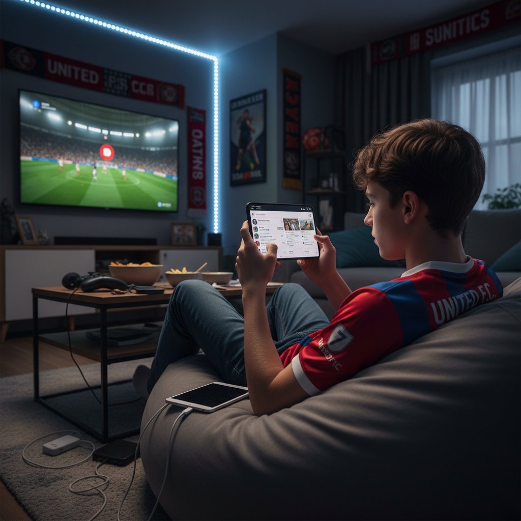 Młoda osoba kibicująca w domu z telefonem, śledząca mecze i dyskusje w mediach społecznościowych