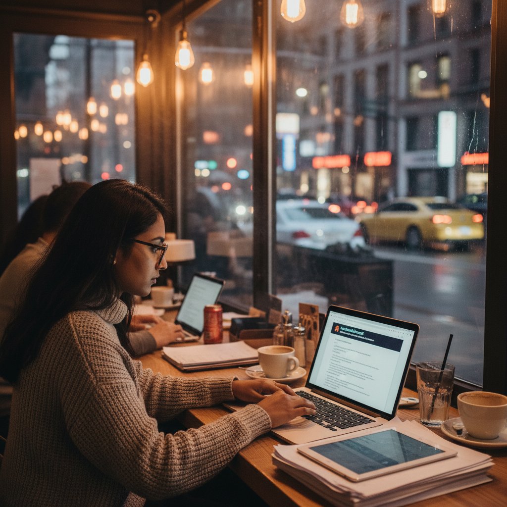 Young freelancer searching academic gigs on mobile at night, urban café, freelance scholarly research assistant, academic gig economy