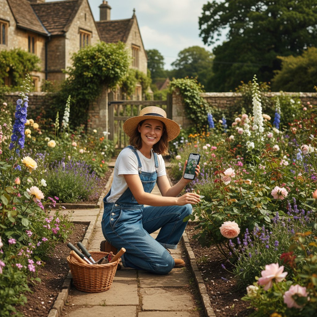 Młody ogrodnik analizujący roślinę z telefonem w ręku na tle tradycyjnego ogrodu