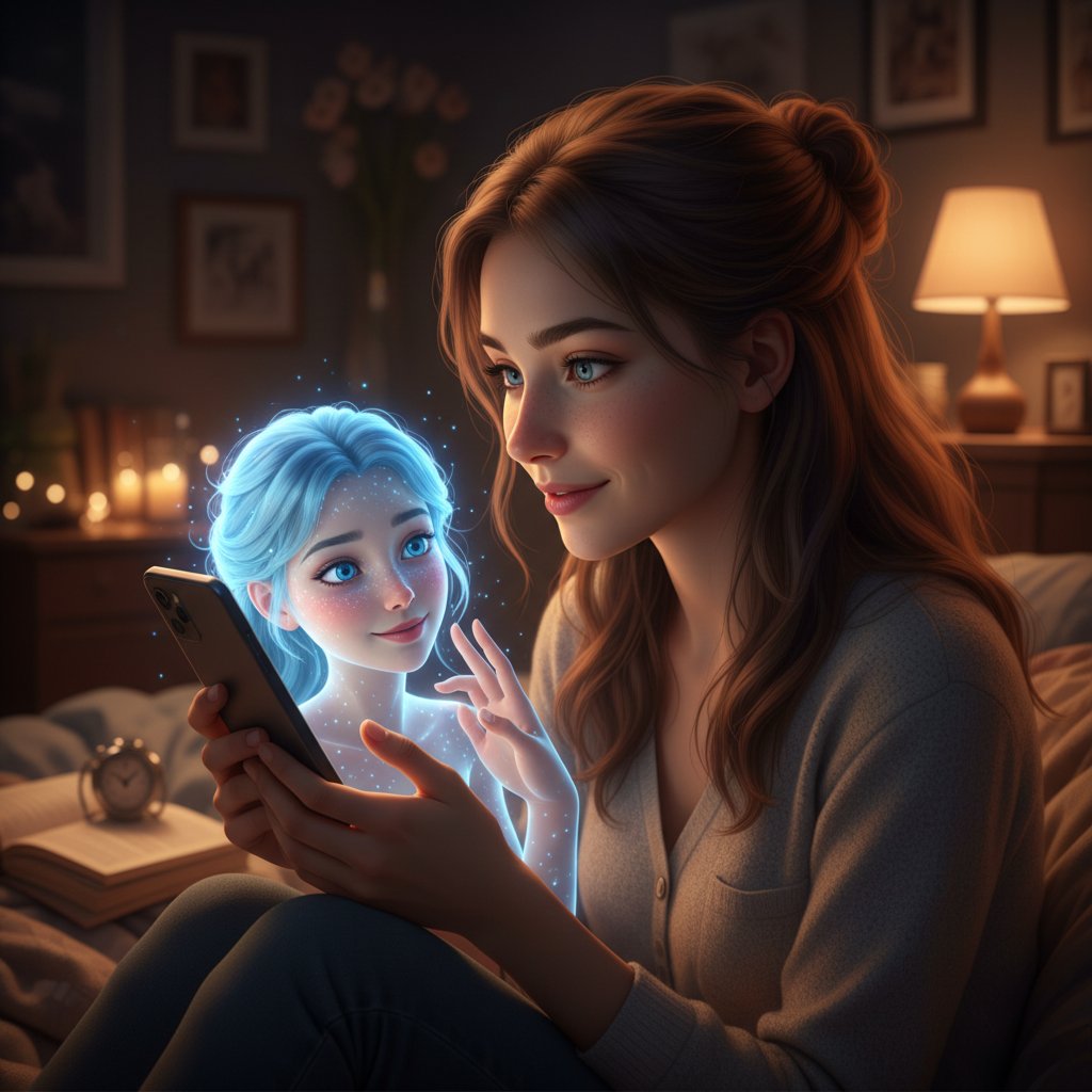 Junge Erwachsene allein in ihrer Wohnung, das Smartphone mit KI-Begleiterin beleuchtet ihr Gesicht, digitale Freundin emotional intelligent