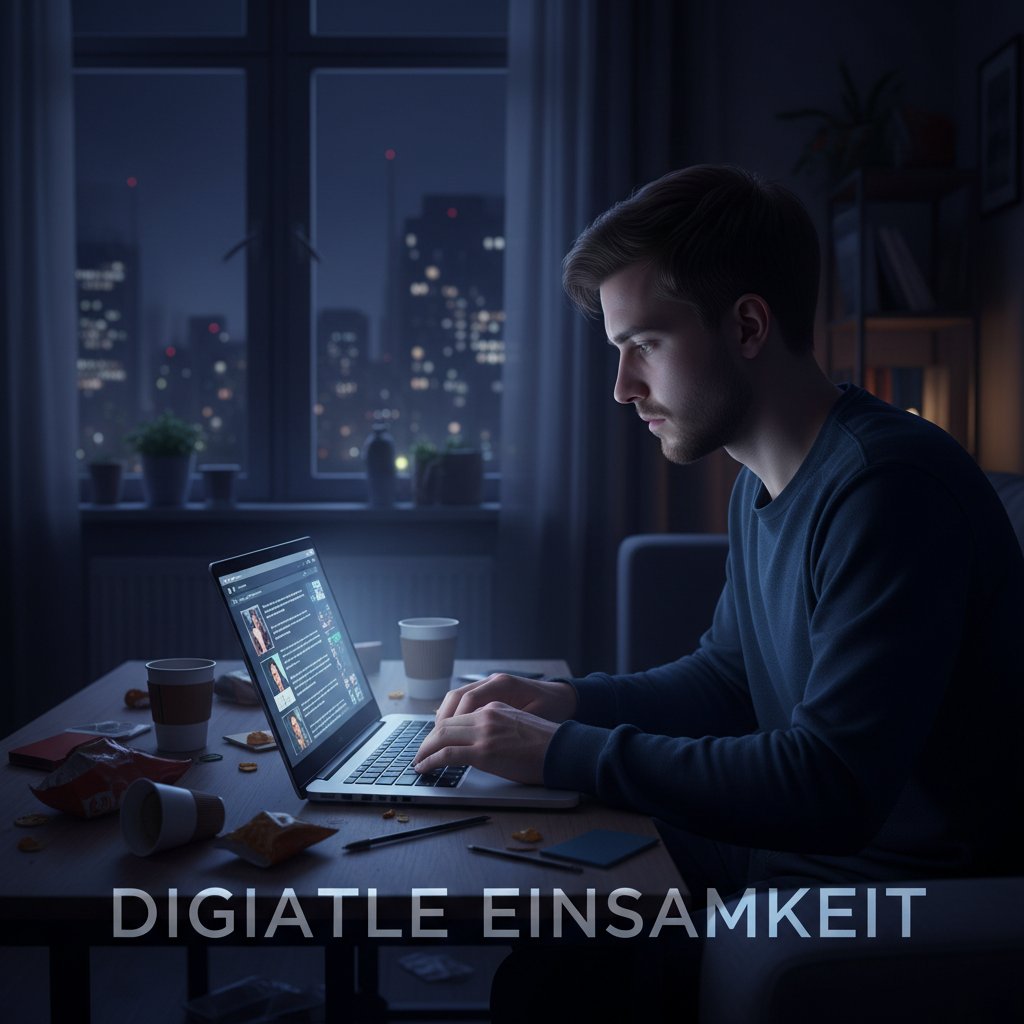 Mann sitzt nachts allein vor Laptop mit Forenbeiträgen, digitaler Einsamkeit und Neugierde im Blick
