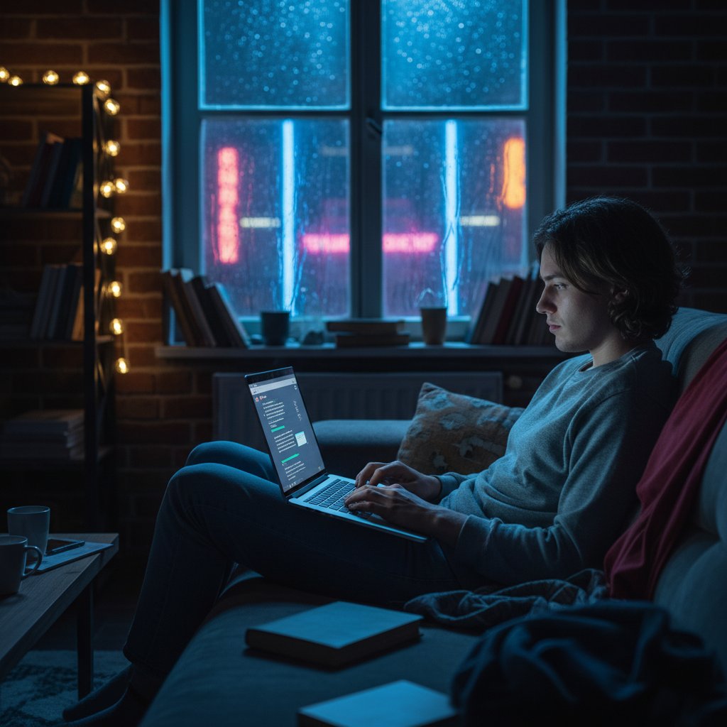 Junge Person mit Laptop in Berliner Wohnung, Chatfenster sichtbar, abendszene, Keywords: virtuelle Freundin, deutschsprachige KI, emotionale Begleiterin