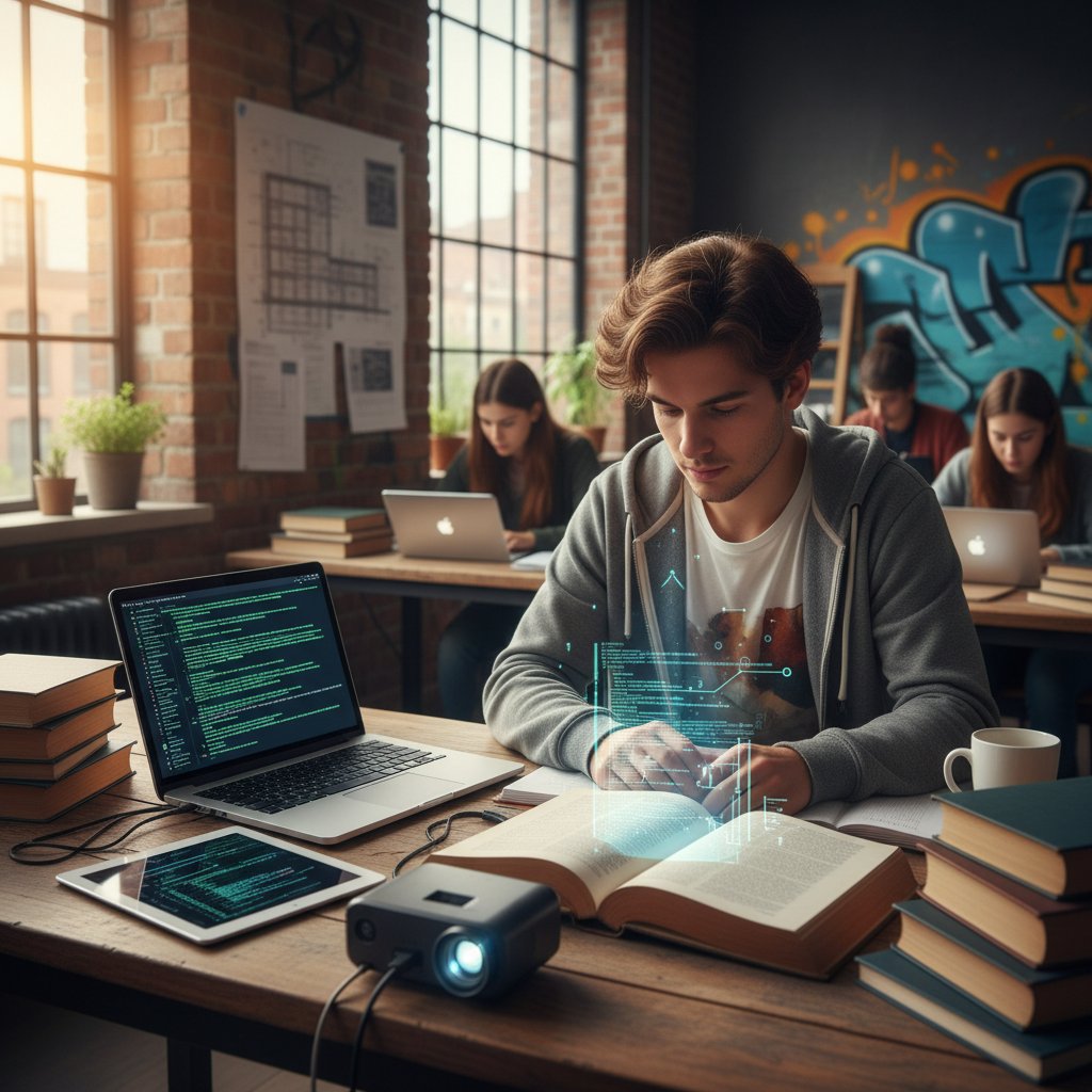 Junger Schüler in einer urbanen, digital ausgerüsteten Schulumgebung, mit Laptop im Fokus und analogen Büchern im Hintergrund