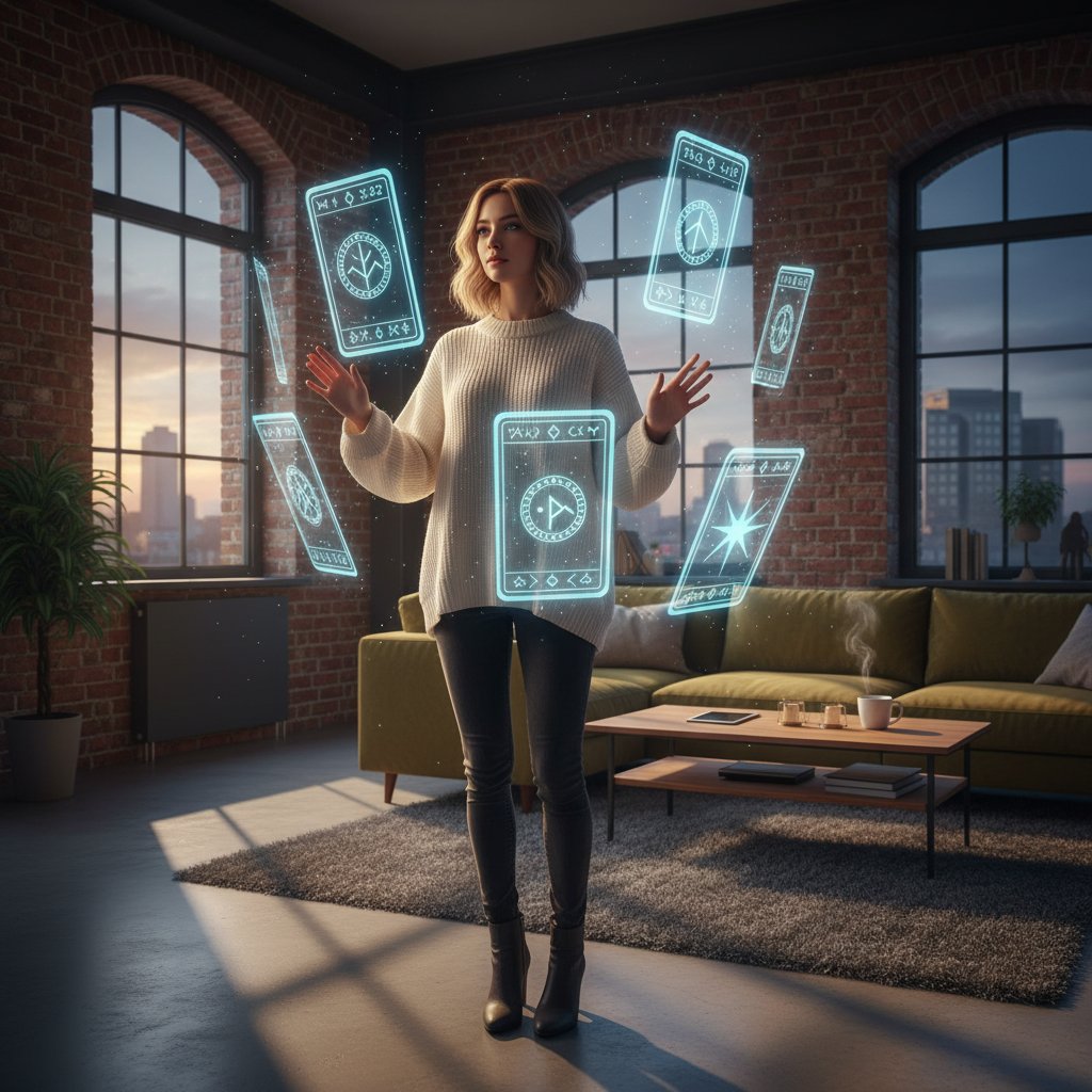 Junge Deutsche surft nachts am Laptop und liest digitale Tarotkarten, modernes Loft, mystische Lichtprojektionen