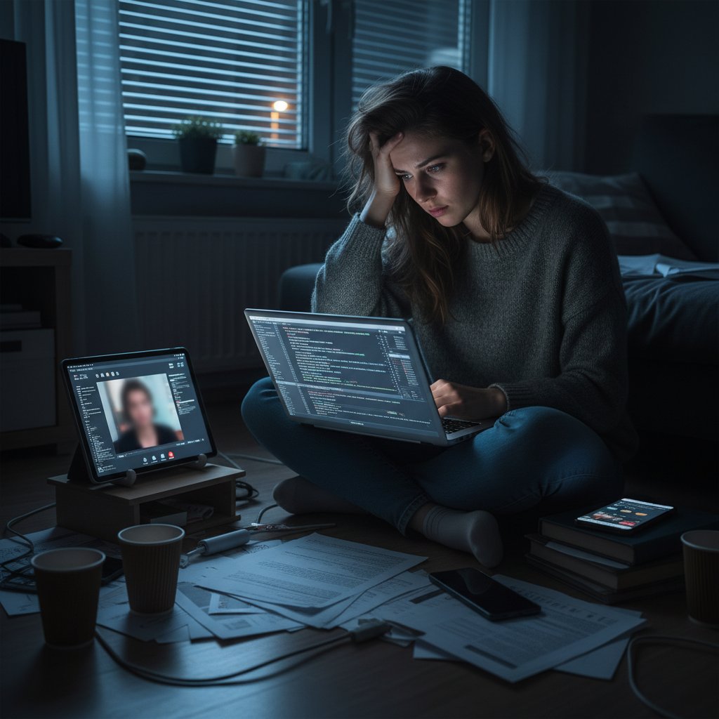 Junge Frau allein im abgedunkelten Zimmer, umgeben von Technik, Ausdruck von Erschöpfung und Überforderung, Thema psychische Belastung