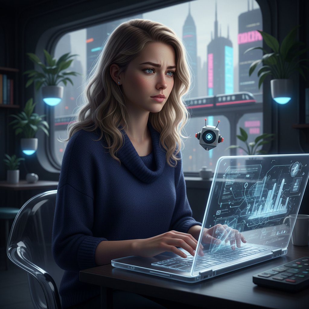 Junge Frau im Schein eines Laptops, zwischen Hoffnung und Skepsis – digitale Freundin im Gespräch