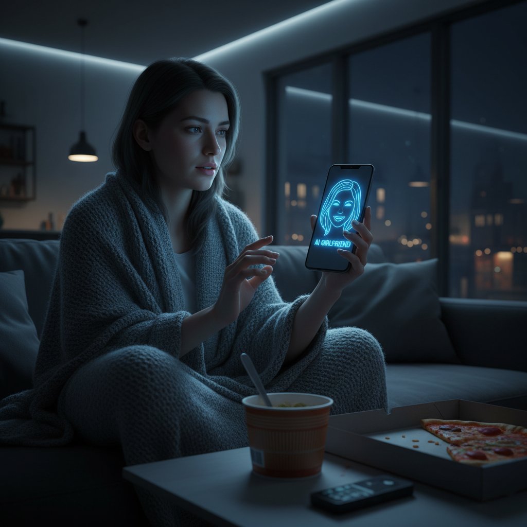 Junge Frau sitzt nachts allein mit Smartphone im urbanen Wohnzimmer und chattet mit einer KI-Freundin