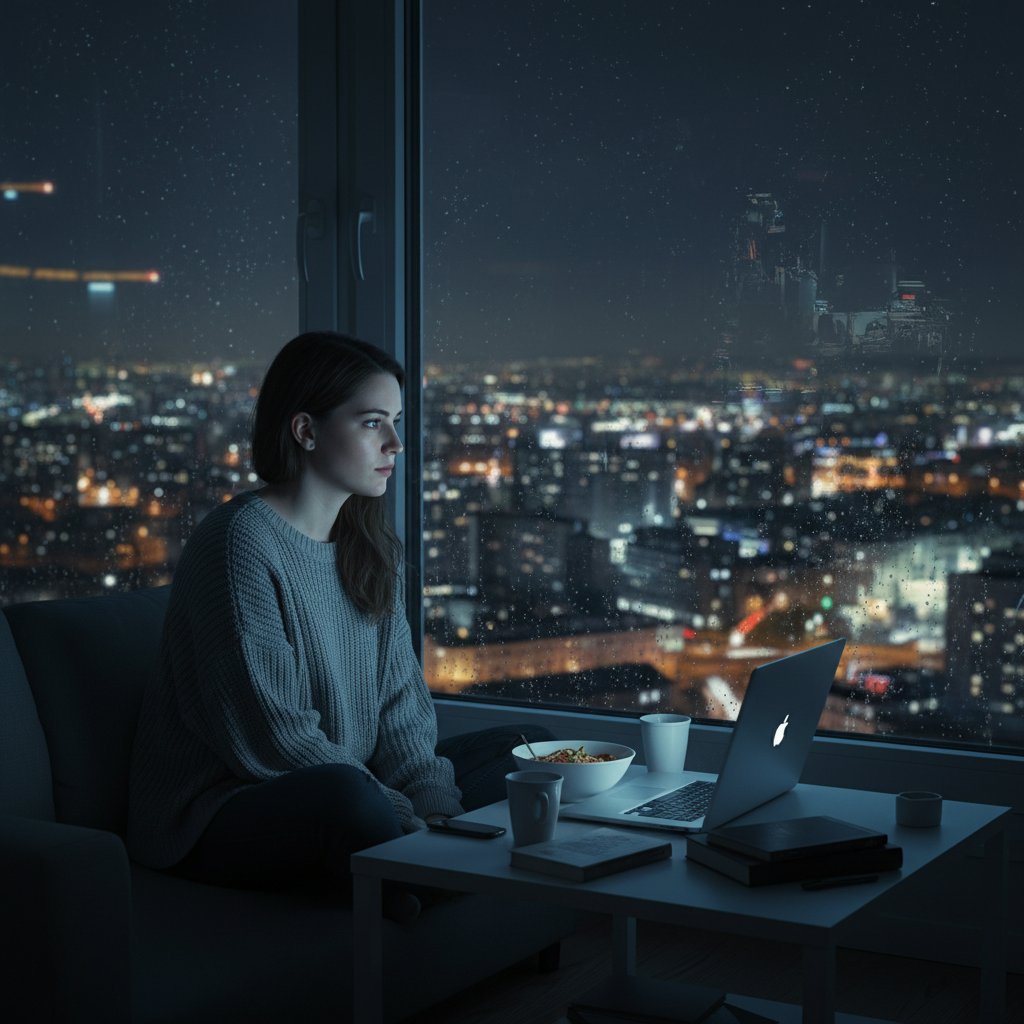 Junge Frau blickt nachts allein auf ihren Laptop, urbane Einsamkeit, Online Liebesbegleitung emotional realistisch