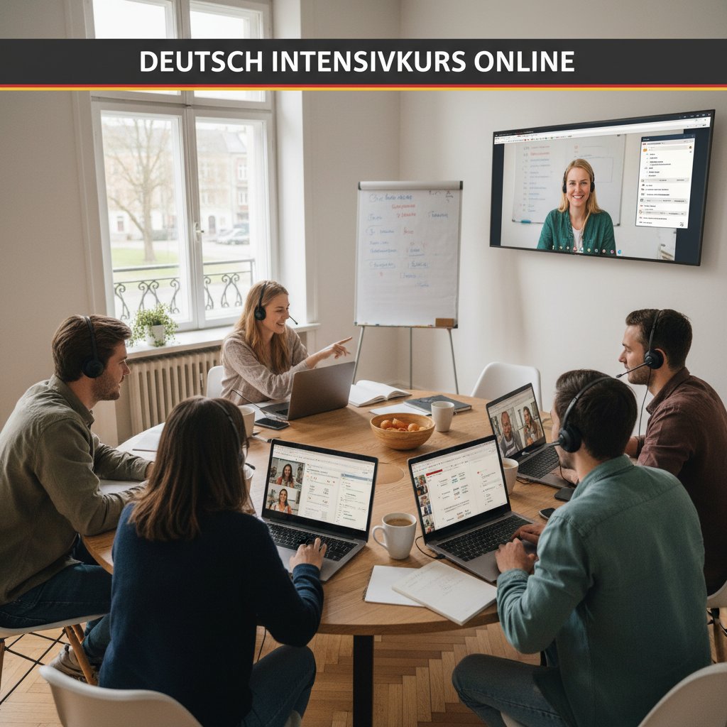 Grupa młodych osób na intensywnym kursie niemieckiego online, współpraca i zaangażowanie