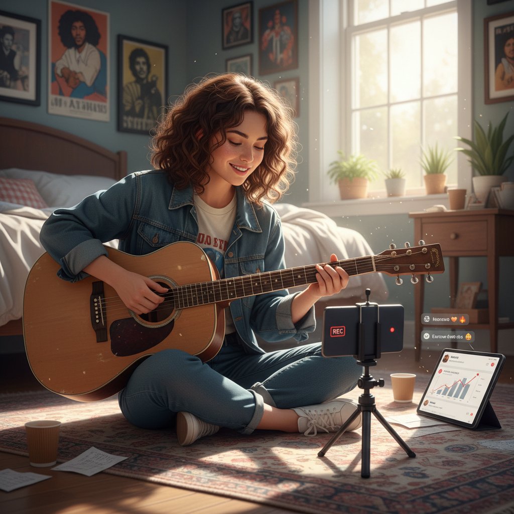 Młody gitarzysta z telefonem nagrywający się podczas ćwiczeń, motywacja do nauki gitary online w mediach społecznościowych