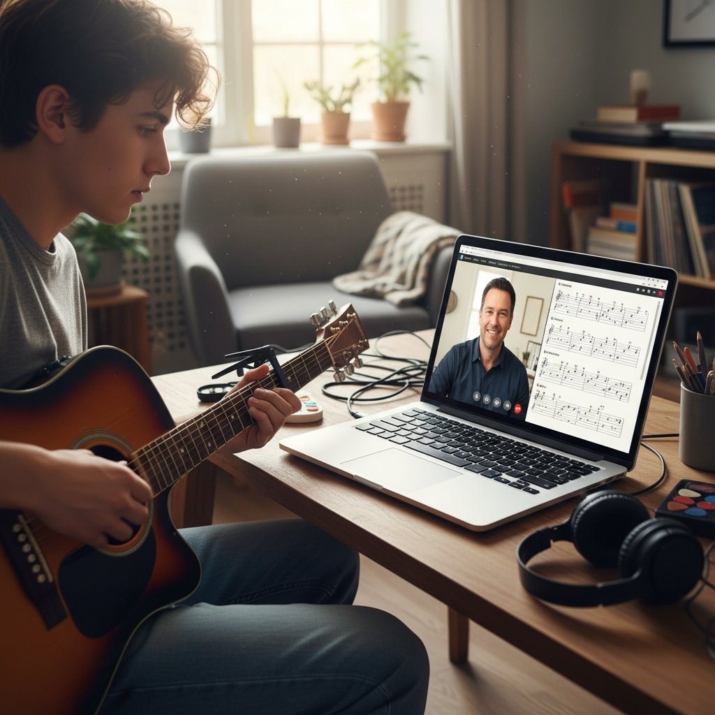Młody gitarzysta podczas lekcji online, laptop na biurku, nuty cyfrowe