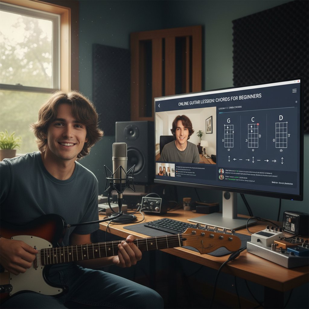 Młody gitarzysta nagrywający lekcję online, w tle ekran komputera z otwartą aplikacją do nauki akordów