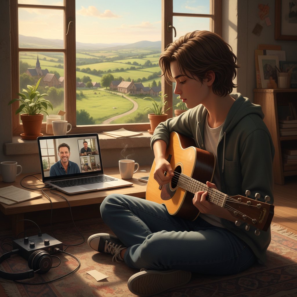 Młody gitarzysta z małego miasta podczas lekcji online, widok na prowincjonalną ulicę przez okno