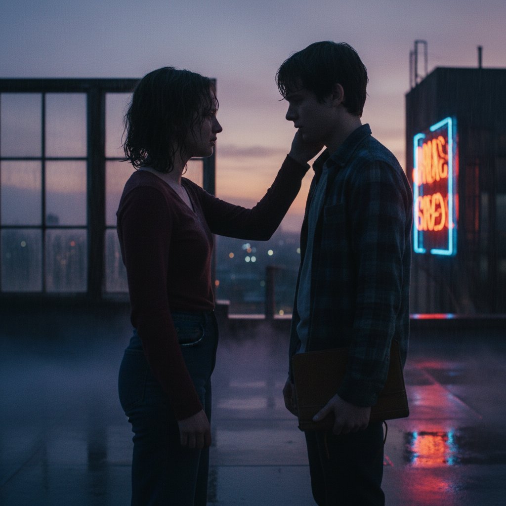 Pivotal scene from 'Young Hearts'—two teens sharing a vulnerable moment at dusk, moody lighting highlighting raw emotion