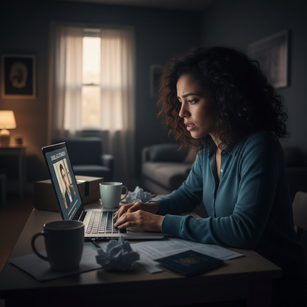 Zdjęcie młodego imigranta przy laptopie, na ekranie otwarte okno konsultacji prawnej online, półmrok i światło ekranu podkreślające napięcie sytuacji