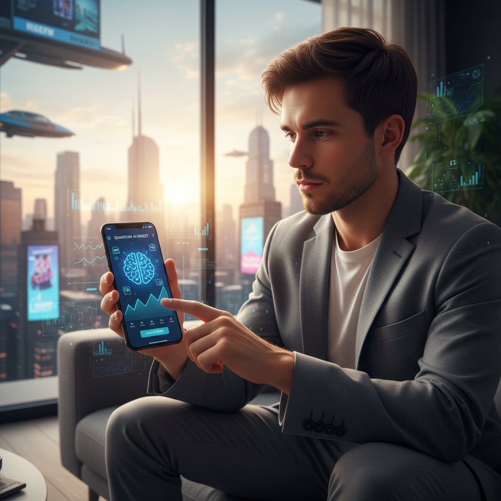 Młody inwestor analizujący aplikację AI do inwestowania na smartfonie