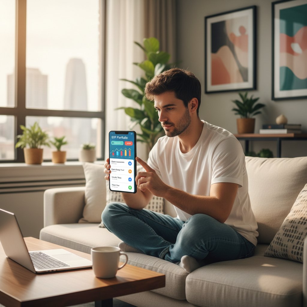 Młoda inwestorka przeglądająca portfel ETF w aplikacji mobilnej, domowe zacisze