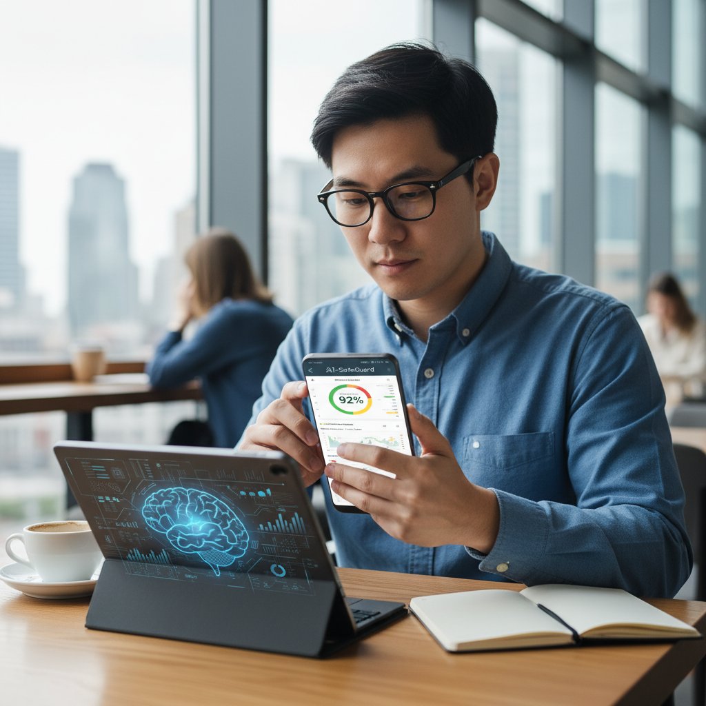 Młody inwestor korzystający z aplikacji mobilnej AI do przeglądania portfela i analizy bezpieczeństwa inwestycji