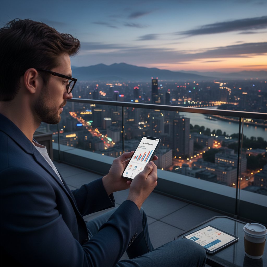Młody inwestor korzystający z aplikacji mobilnej do zarządzania portfelem inwestycyjnym na tle miasta