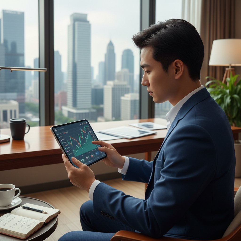 Młody inwestor w domu analizujący parametry inwestycji na tablecie