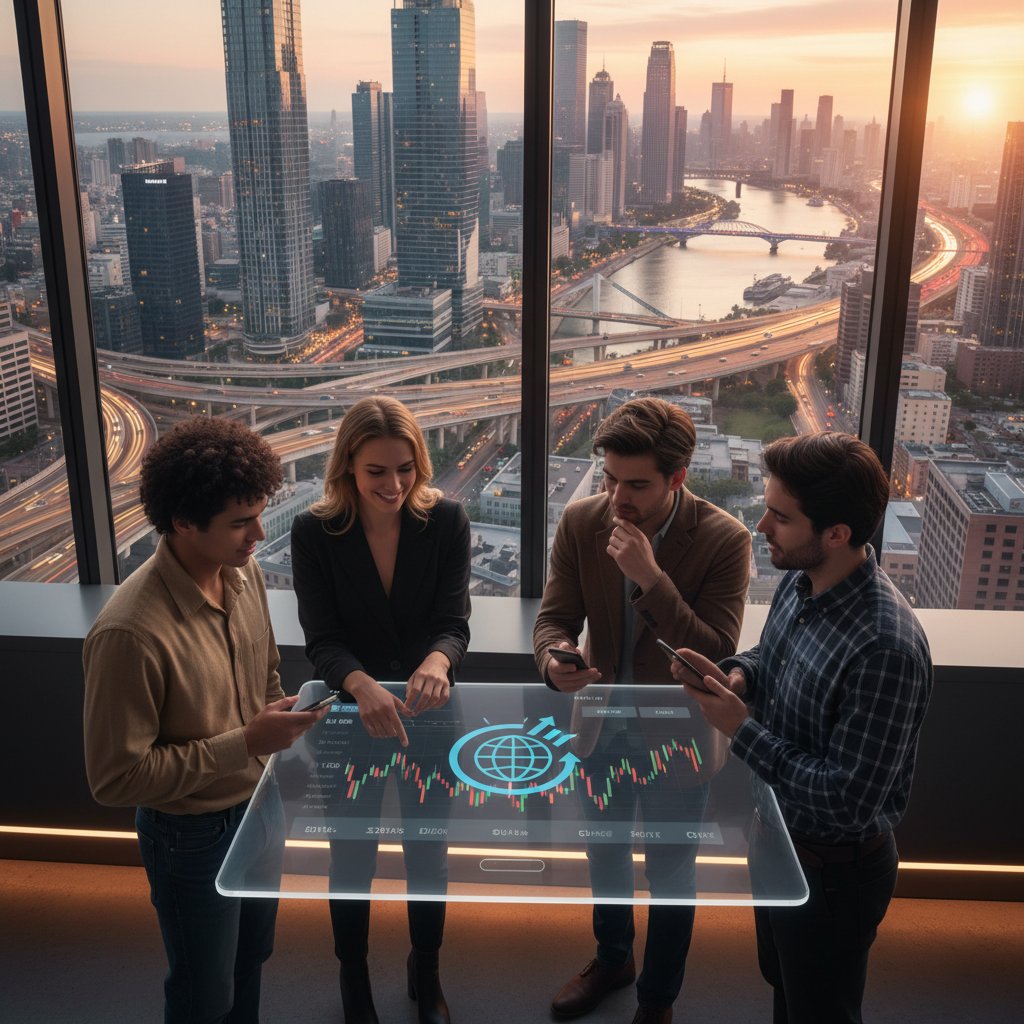 Grupa młodych inwestorów korzystających z aplikacji do inwestowania na tle miasta