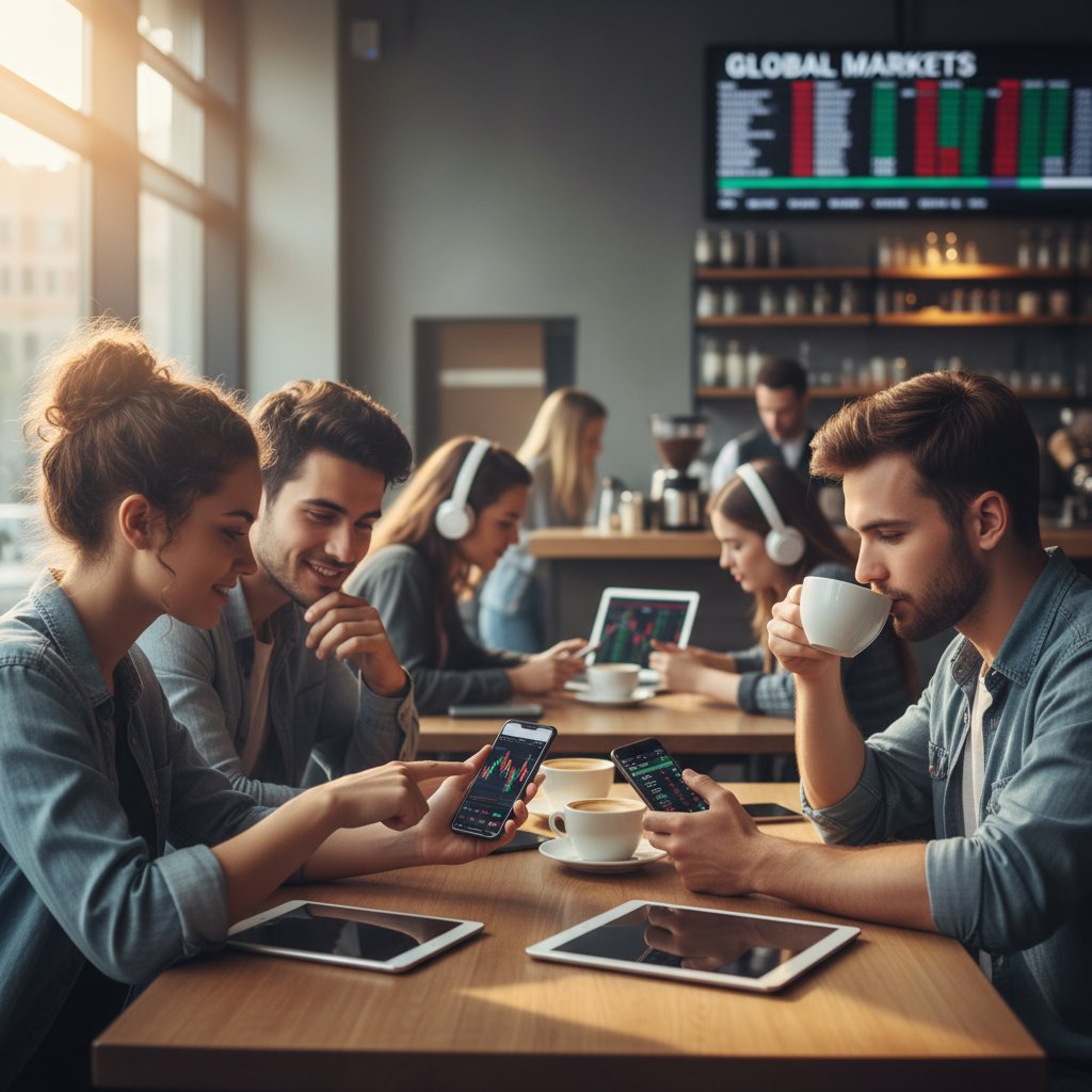 Młodzi inwestorzy korzystający ze smartfonów do automatycznego inwestowania w nowoczesnej kawiarni