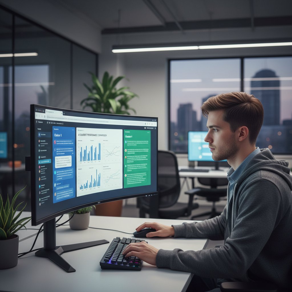 Młody informatyk analizuje porównanie chatbotów AI na ekranie, nowoczesne biuro, fokus na ekranie