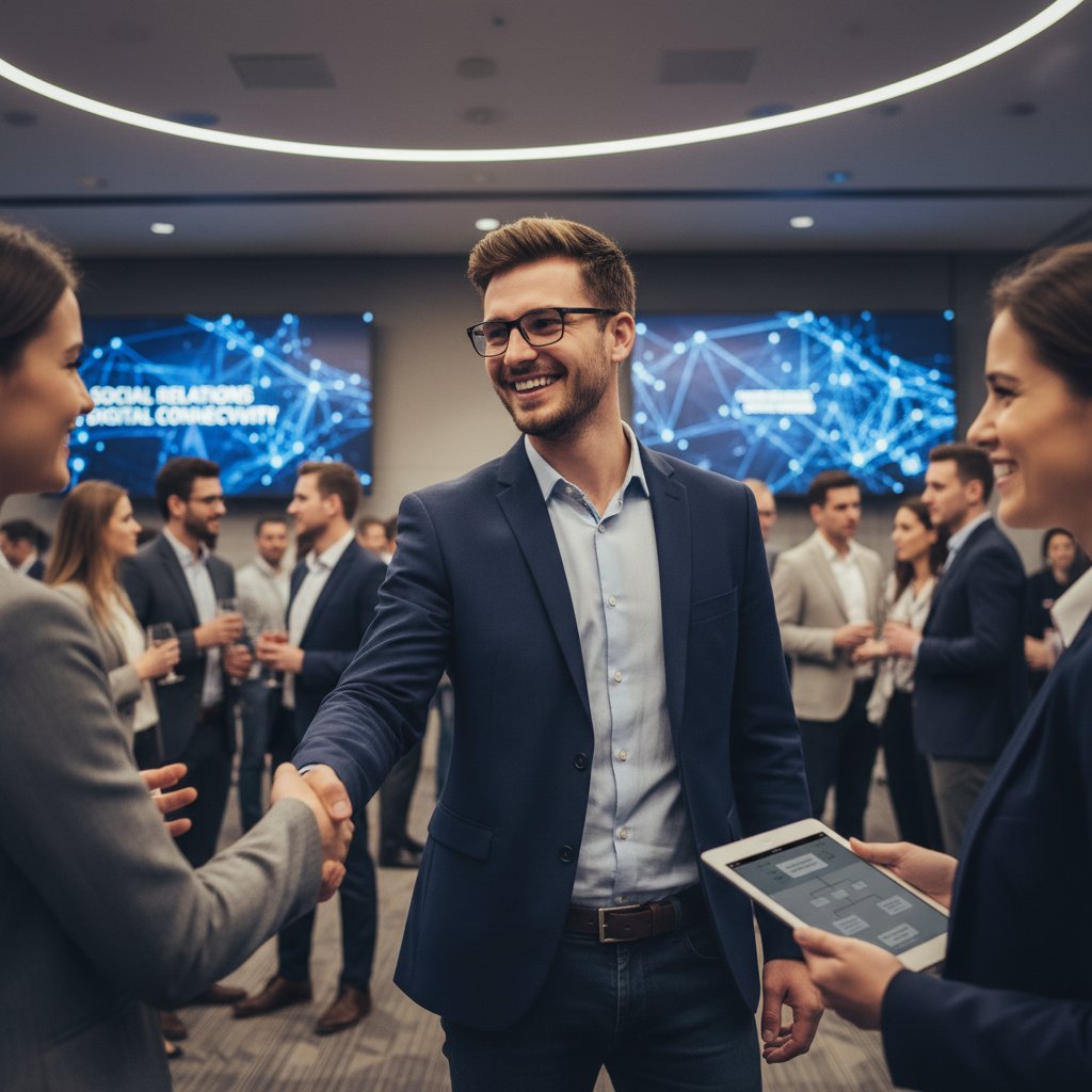 Młody informatyk uśmiecha się podczas spotkania networkingowego, case study relacji społecznych