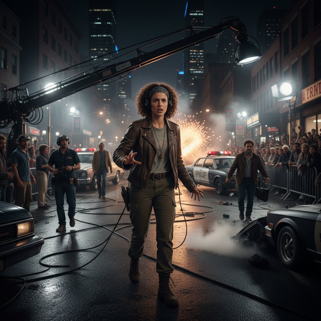 Young Kathryn Bigelow directing with intensity on chaotic film set at night, cinematic photo