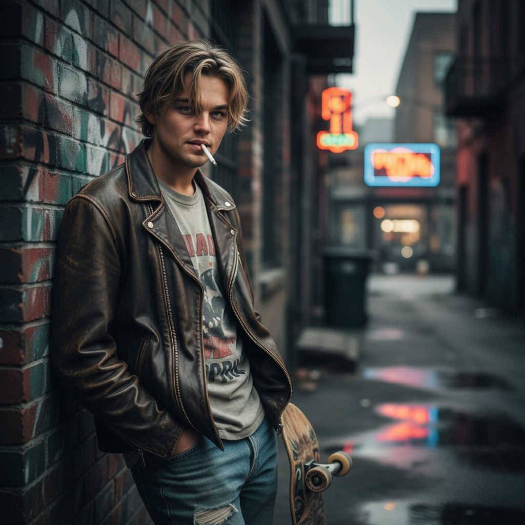 Classic photo of young Leonardo DiCaprio in the 90s, casual style, raw and rebellious vibe