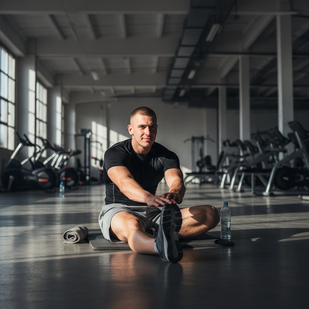 Młody sportowiec rozciągający się po treningu w pustej siłowni, zamyślony