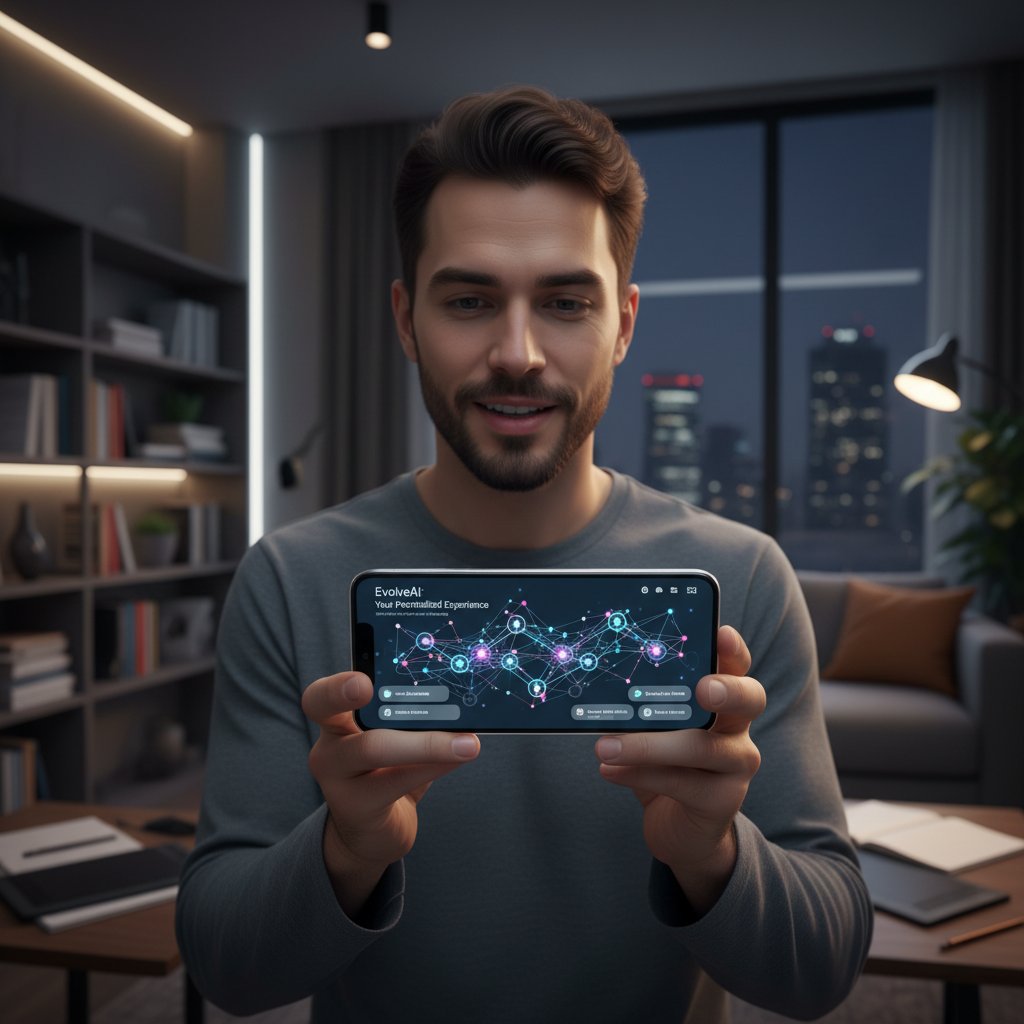 Młody człowiek korzystający z zaawansowanej aplikacji AI na smartfonie; temat: personalizacja doświadczeń AI