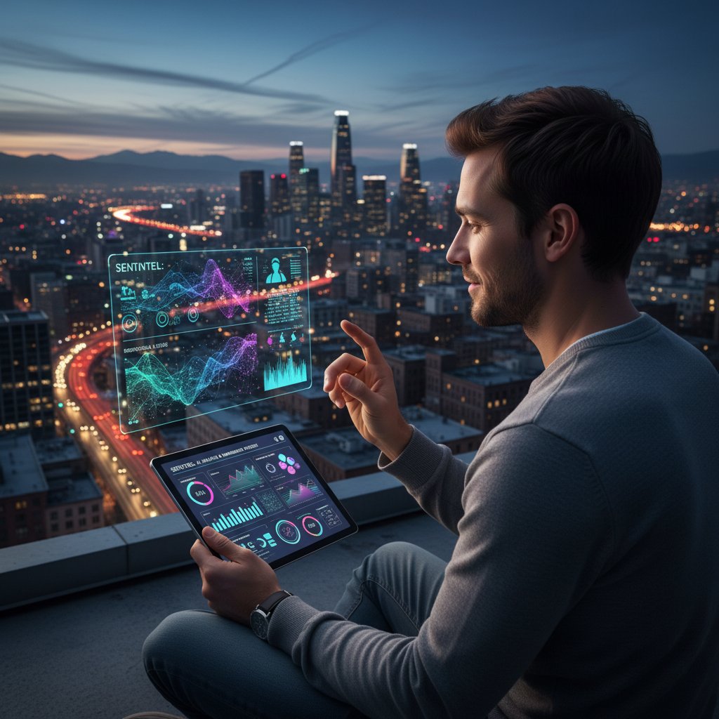 Młody mężczyzna monitorujący swoje samopoczucie przy pomocy aplikacji AI na tle miasta