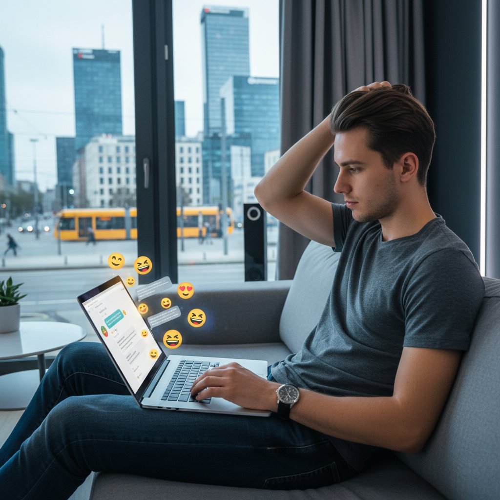 Młody mężczyzna rozmawiający z AI na laptopie, ekran z emoji i polskim slangiem, nowoczesna, miejska scena