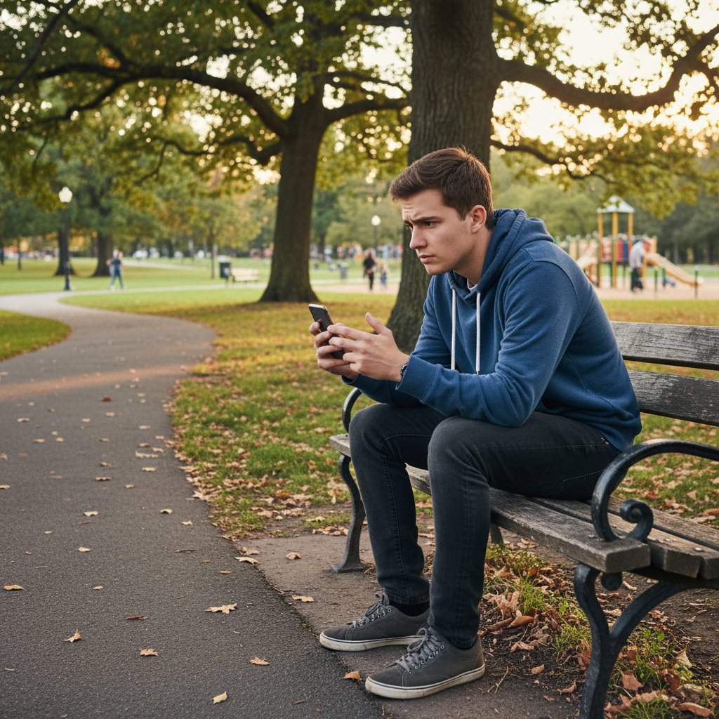 Młody mężczyzna samotnie siedzi na ławce w parku, z telefonem w dłoni, wyraźnie zagubiony