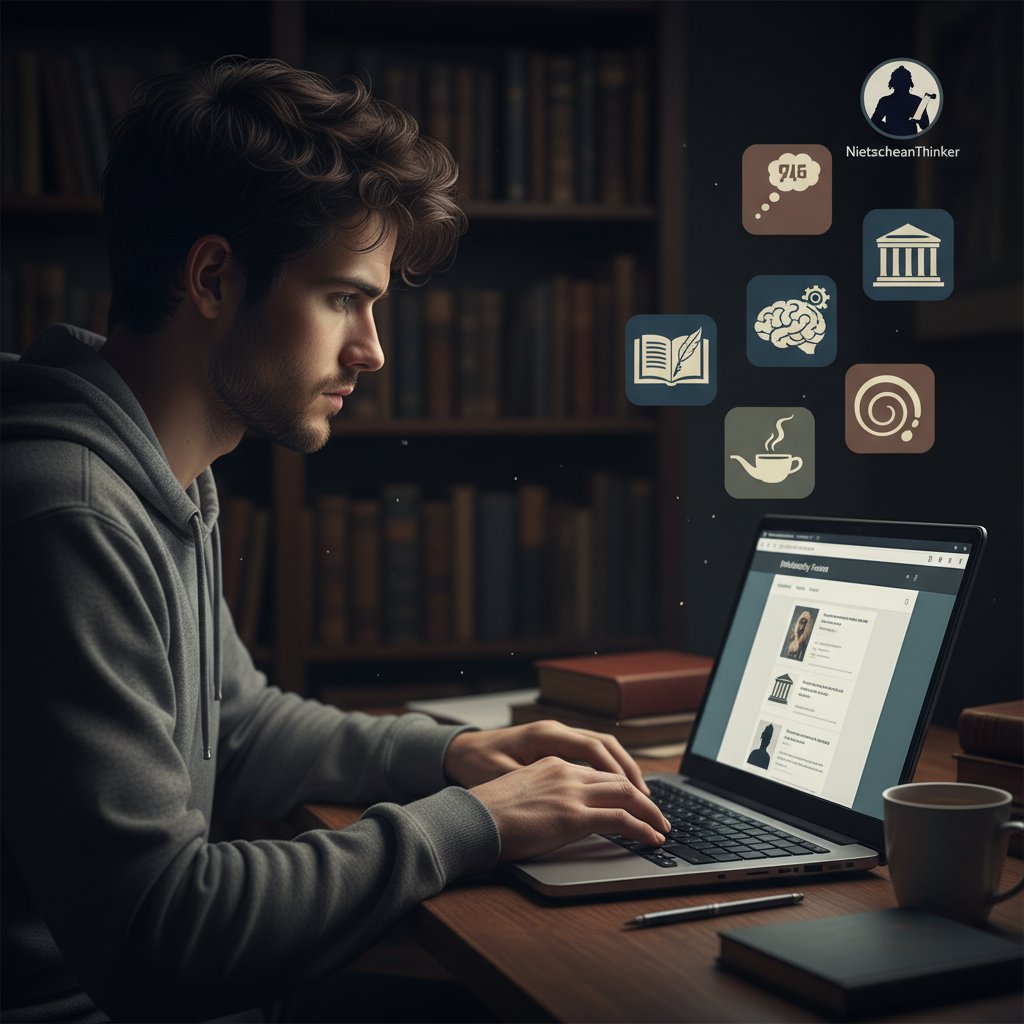 Młody człowiek samotnie korzystający z laptopa, otoczony cyfrowymi ikonami forów filozoficznych