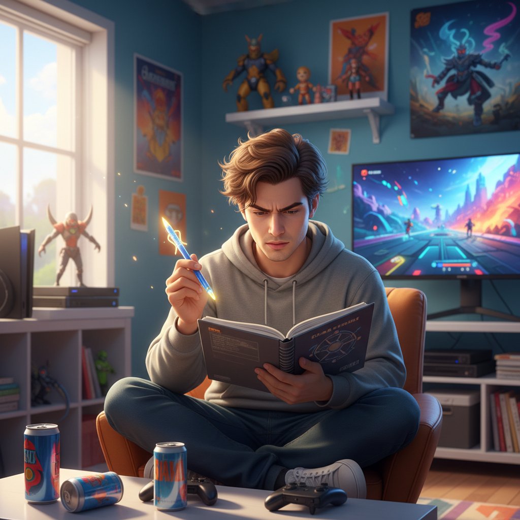 Młody mężczyzna analizujący swój dziennik gier i emocji, siedzący w jasnym pokoju