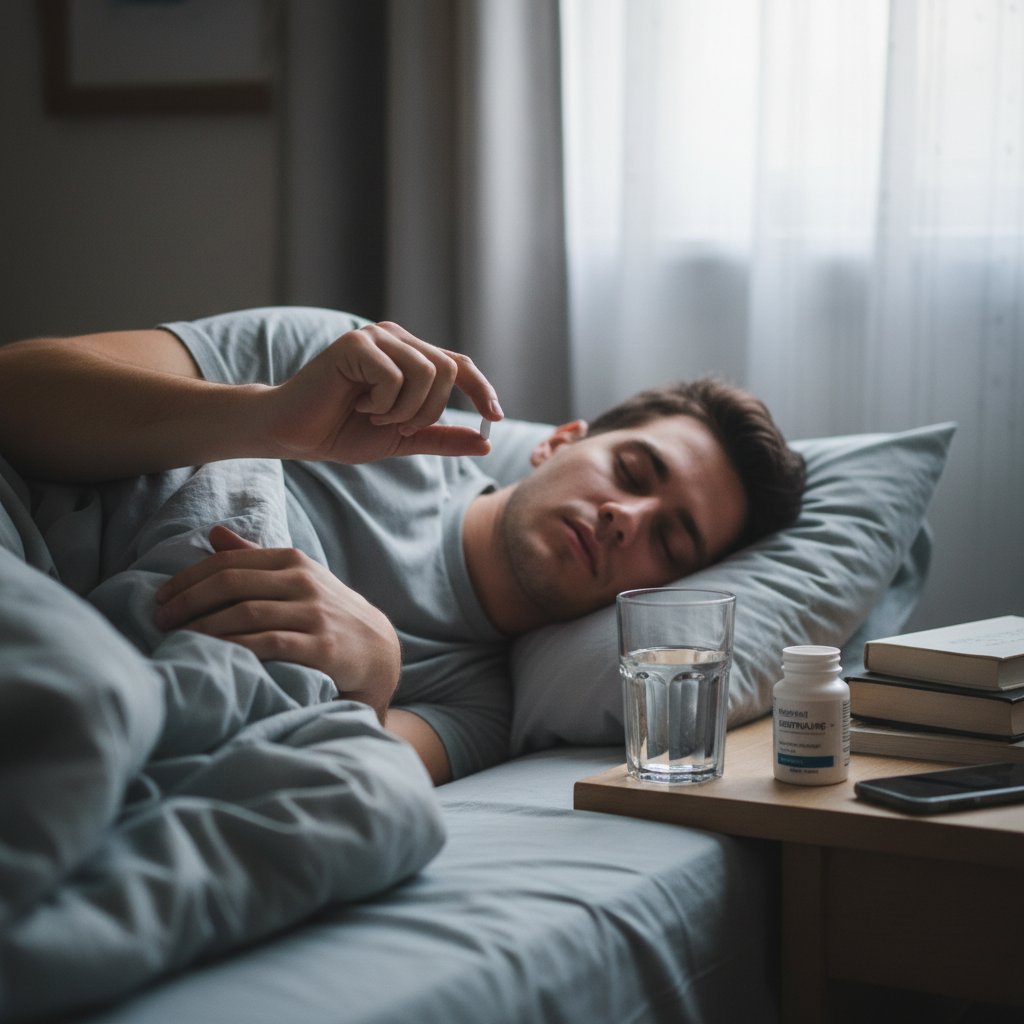 Młody mężczyzna w łóżku, z zamkniętymi oczami, obok leży blister z tabletkami