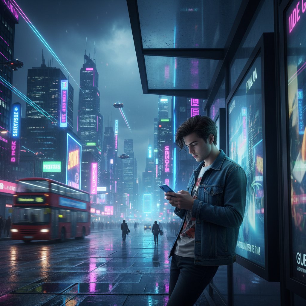 Młody mężczyzna siedzi na przystanku autobusowym, przeglądając treści mobilne na smartfonie, tło to neonowe światła miasta, trendy mobile marketing